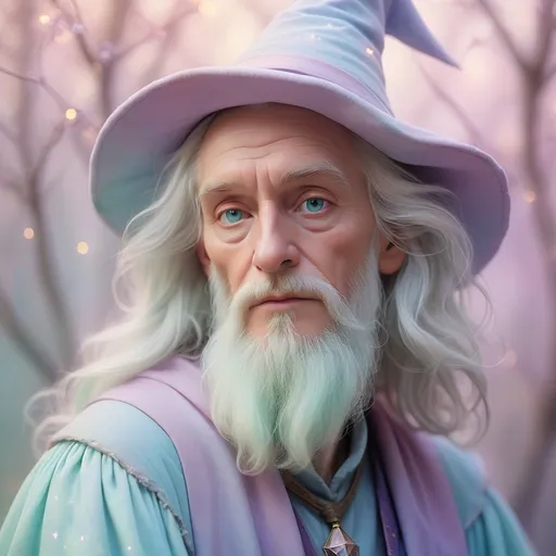 Prompt: Dreamy pastel portrait, wizard, ethereal atmosphere, soft focus