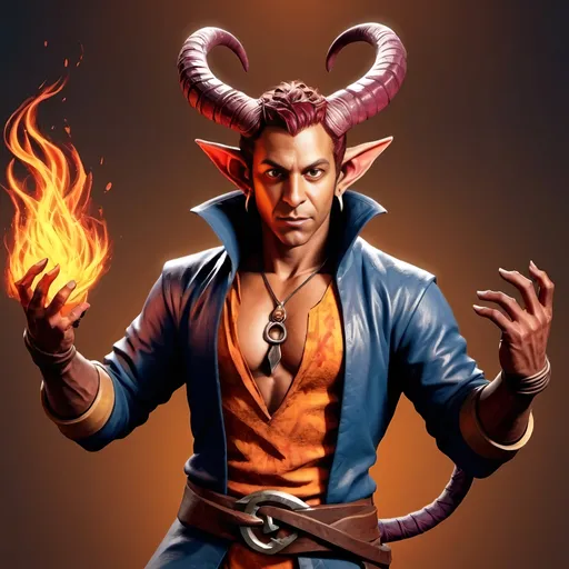 Prompt: hyper-realistic Male Tiefling character with fire hands, fantasy character art, illustration, dnd, warm tone