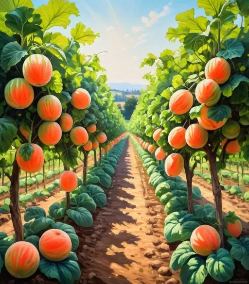 Prompt: Lush melon plantation garden, ripe harvest, high quality, oil painting, vibrant colors, warm sunlight, detailed leaves, ripe fruits, bountiful, idyllic setting, traditional art style, rich textures, high resolution, vibrant, natural lighting, agricultural beauty, classic, picturesque