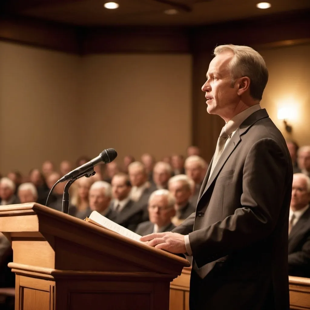 Prompt: Man addressing audience at pulpit, serene lighting, mature, natural, highres, detailed, calm, professional, public speaking, indoor setting, focused audience, traditional, elegant, warm tones, atmospheric lighting