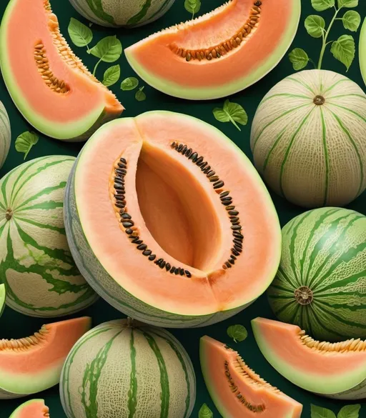 Prompt: Big ripe melon fruit, seeds exposed, melon plants growing, natural, ripe, detailed seeds and plants, high quality, realistic, natural lighting, lush greenery, detailed textures, vibrant colors, ripe fruits, highres, detailed, naturalistic, botanical illustration