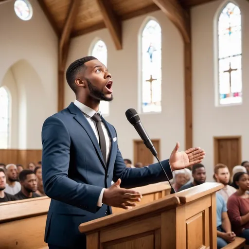 Prompt: hyper-realistic young Pastor preaching to congregation in a country Church 