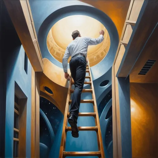 Prompt: Realistic oil painting of a man climbing a ladder, reaching into a futuristic luxurious new world, wealthy ambience, high quality, realistic, oil painting, futuristic, luxurious, climbing, ladder, detailed, wealthy, atmospheric lighting, detailed facial features, high resolution, ultra-detailed, realistic style, opulent setting, upward movement, dramatic perspective