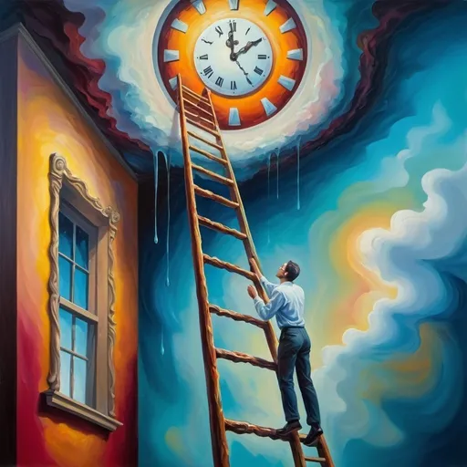 Prompt: Man climbing a ladder, oil painting, surrealism, dreamlike atmosphere, distorted perspective, vibrant colors, melting clock, elongated limbs, abstract background, high quality, detailed brushwork, surrealistic, vibrant tones, dreamy lighting