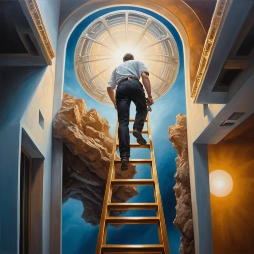 Prompt: Realistic oil painting of a man climbing a ladder, reaching into a futuristic luxurious new world, wealthy ambience, high quality, realistic, oil painting, futuristic, luxurious, climbing, ladder, detailed, wealthy, atmospheric lighting, detailed facial features, high resolution, ultra-detailed, realistic style, opulent setting, upward movement, dramatic perspective