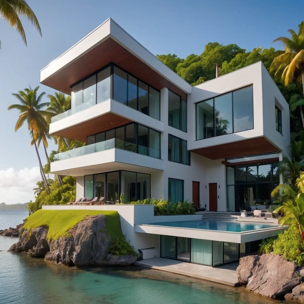 Prompt: A big modern House in the island