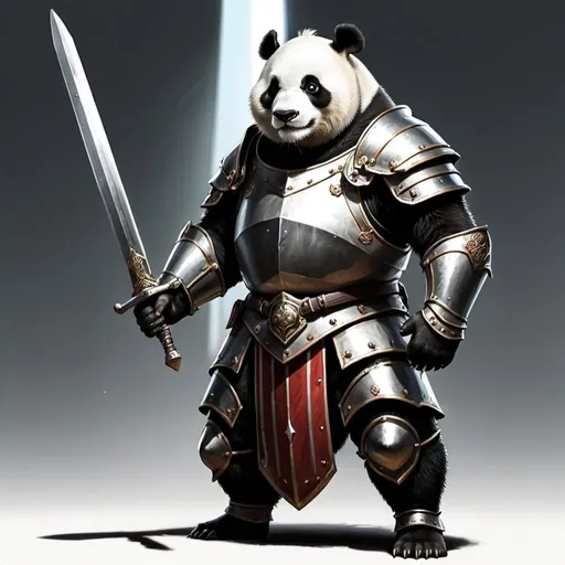 Prompt: Tall, very skinny, Athletic panda paladin in armour with one greatsword. The sword is very long and large