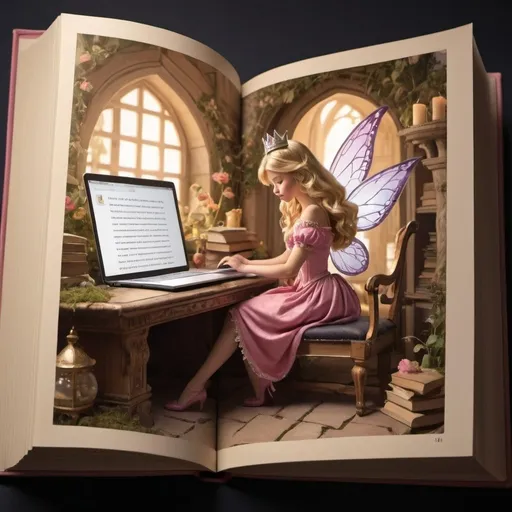 Prompt: Book opening at page with princess working on a computer, fairy tale style