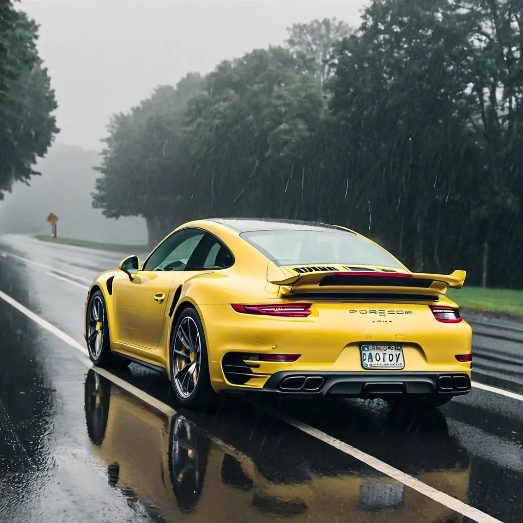 Prompt: Porsche 911 Turbo S standing on the Road in the rain