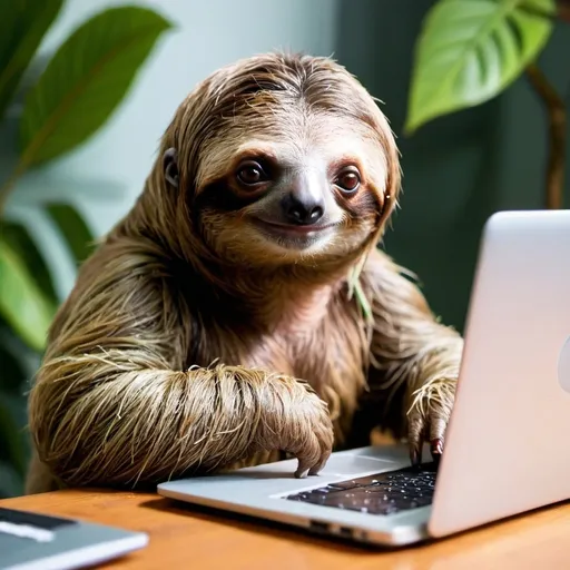 Prompt: a cute hard working sloth in front of a laptop
