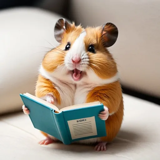 Prompt: a happy hamster reading a book that has a plain cover