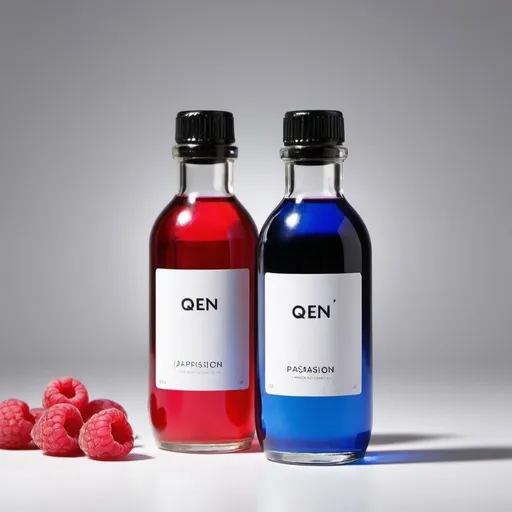 Prompt: two little glass bottles with an aluminium cap on the bottle and a white label .
The first bottle contains a raspberry-colored liquid and there is 'Qen Passion' written in black in the middle of the tag. The second bottle contains a blue-colored liquid and on the label, there is "Qen Performance" written in black on the white label
 high quality, realistic, minimalist, bright lighting, detailed label, smooth glass texture, vibrant color, clean design,