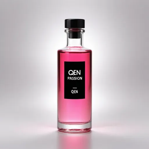 Prompt: 100ml glass long bottle with an silver cap on the bottle and white tag, 'Qen Passion' is writted in black in the middle of the tag, red-pink liquid, high quality, realistic, minimalist, bright lighting, detailed label, smooth glass texture, vibrant color, clean design, professional