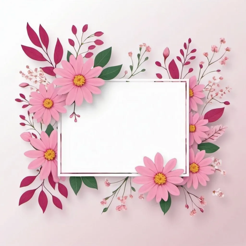 Prompt: floral design pink rectangular banner with flowers and leaves and white background