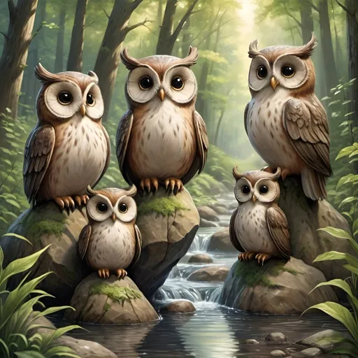 Prompt: A beautiful owl family consisting of 5 owls. A father owl (the largest of the owl family), a mother owl (who is just a little smaller than the father owl, a daughter owl that is slightly smaller than the mother owl, then twin boy owls that are the smallest. Give the daughter owl a distinguishing feature that identifies her as a girl.  Create a lush, beautiful forest full of animals.  Add several deer, squirrels, rabbits. Also, a flowing creek with large rocks.