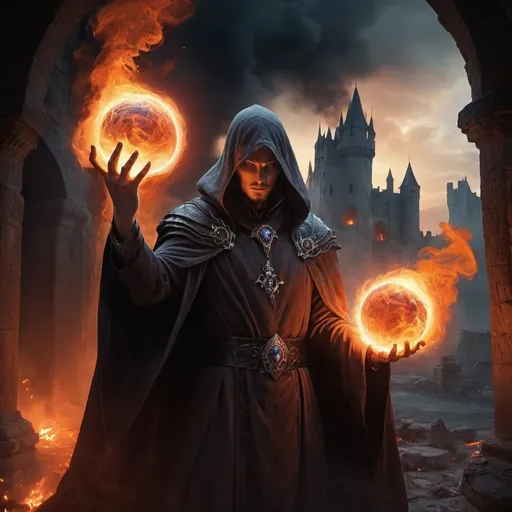 Prompt: High definition fantasy art, (warlock casting a large fireball from his hands), intense smoke and glowing embers swirling, (dark and ominous atmosphere), smoldering castle ruins in the background, ethereal glow illuminating the scene, (white flowing robes) contrasting with fiery colors, dramatic shadows, vibrant details capturing the essence of magic, ultra-detailed, cinematic lighting, mystical energy surrounding the warlock.