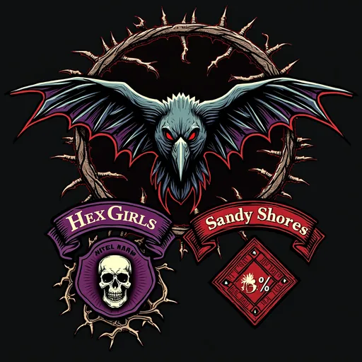 Prompt: Design a motorcycle club logo for the Hex Girls, blending a gothic and punk rock aesthetic. The logo should feature a bold, stylized bat or raven, with intricate thorny vines forming a circular emblem around it. Include a skull with fangs or a pentagram subtly incorporated into the design. Use dark, moody colors like black, deep red, and purple, with accents of silver or green for an eco-conscious vibe. The top arch patch should have the text "Hex Girls" and the bottom arch patch should have "Sandy Shores" with a diamond patch on the right side with "1%" in the diamond. These patches should be similar to motorcycle club jutted. The overall style should evoke mystery, rebellion, and rock-and-roll energy.”