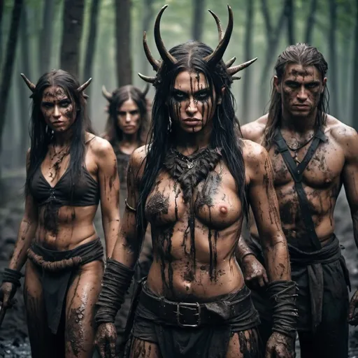 Prompt: dark fantasy wild forest warrior savages. men and women. make them muddy and menacing
