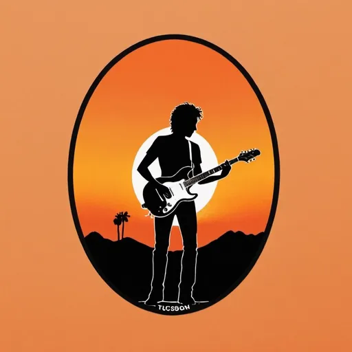 Prompt: crete a 5" x 5" oval logo for a film documentary on local music featuring a silhouette of a rock n roll guitar player against an orange sunset with the words Tucson's Sonic Boom cured across the top.