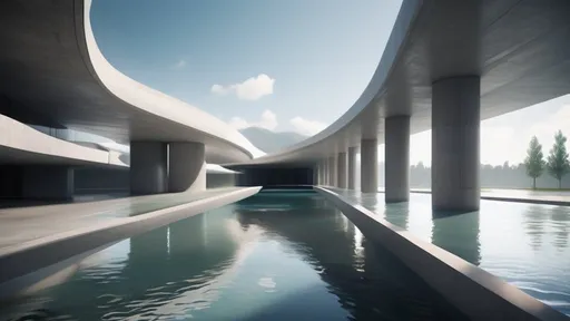 Prompt: A cinematic render of A tranquil concourse where sleek concrete meets flowing water, embodying serene futurism. Could it be dark, sleek and modern?