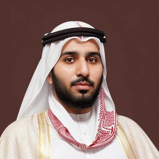 Prompt: An Arab person, 35 years old, with white skin and a light beard. He wears a red shemagh and headband on his head and wears a white dishdasha. I want the background of the pictures to be in Saudi Arabia.