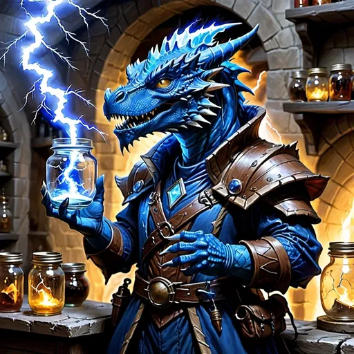 Prompt: A blue Dragonborn artificer holding a glass jar with a lightning bolt in. 