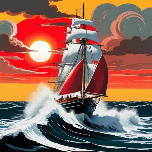 Prompt: Yacht smashing through rough ocean waves, sea spray is pillowing up in huge plumes of vapour. The Yacht is under pressure, it’s crew is in full swing navigating the craft in perilous conditions. The sun is setting, there is a red sunset. Make it in the style of Bruegel
