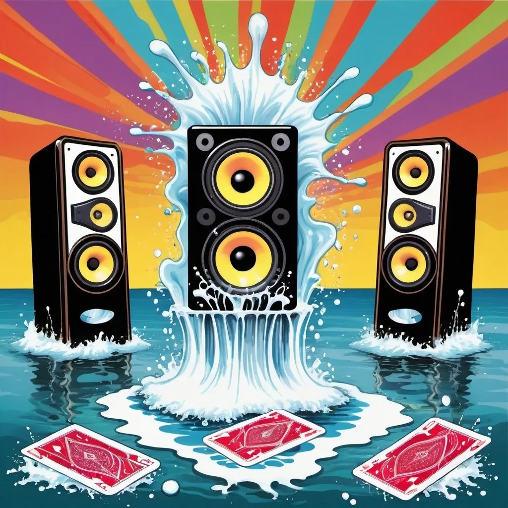 Prompt: psychedelic print, two big speakers and one microphone, beach, a big splash in the water, a magician is playing woth cards, melting, concert poster, trick of the eye painting