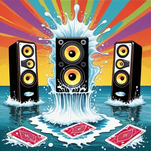 Prompt: psychedelic print, two big speakers and one microphone, beach, a big splash in the water, a magician is playing woth cards, melting, concert poster, trick of the eye painting