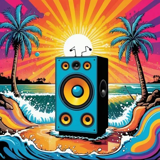 Prompt: psychedelic print, a big speaker, a microphone, beach, a palmtree, a big splash in the water, stickmen are dancing, the sun is setting in psychedelic colors, melting, concert poster, trick of the eye painting