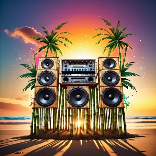 Prompt: A huge soundsystem made of bamboo sits on a beach. A big splash. Musical notes. Sunset. Psychedelic colours. Tropical. Melting