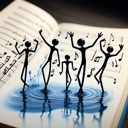 Prompt: music notes made of water are dancing on the page with dancing stickmen made of water, everything is made of water.
