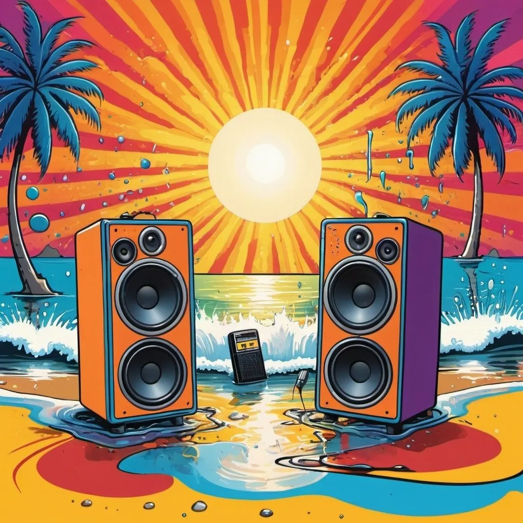 Prompt: psychedelic print, a big speaker, a microphone, beach, a palmtree, a big splash in the water, stickmen are dancing, the sun is setting in psychedelic colors, melting, concert poster, trick of the eye painting