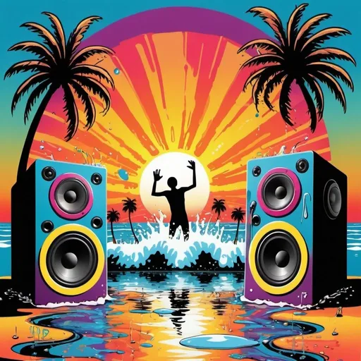 Prompt: psychedelic print, a big speaker, a microphone, beach, a palmtree, a big splash in the water, stickmen are dancing, the sun is setting in psychedelic colors, melting, concert poster, trick of the eye painting