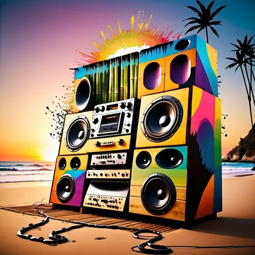 Prompt: A huge soundsystem made of bamboo sits on a beach. A big splash. Musical notes. Sunset. Psychedelic colours. Tropical. Melting
