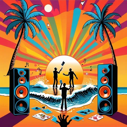 Prompt: psychedelic print, two big speakers and one microphone, beach, a palmtree, a big splash in the water, stickmen are dancing, a magician is playing with cards, the sun is setting, sunset colours, melting, concert poster, trick of the eye painting