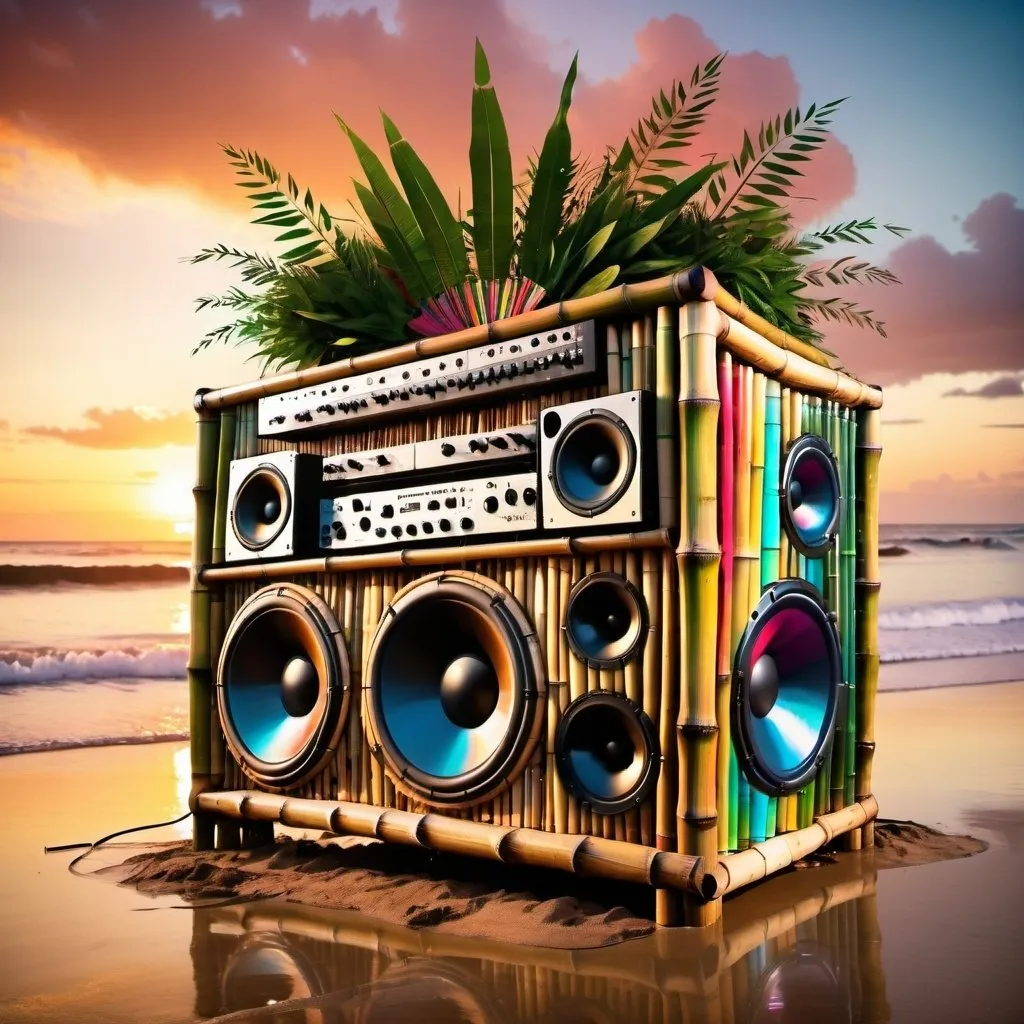 Prompt: A huge soundsystem made of bamboo sits on a beach. A big splash. Musical notes. Sunset. Psychedelic colours. Tropical. Melting