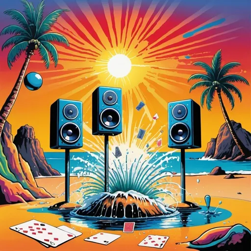 Prompt: psychedelic print, two big speakers and one microphone, beach, a palmtree, a big splash in the water, a magician is playing with cards, the sun is setting, melting, concert poster, trick of the eye painting