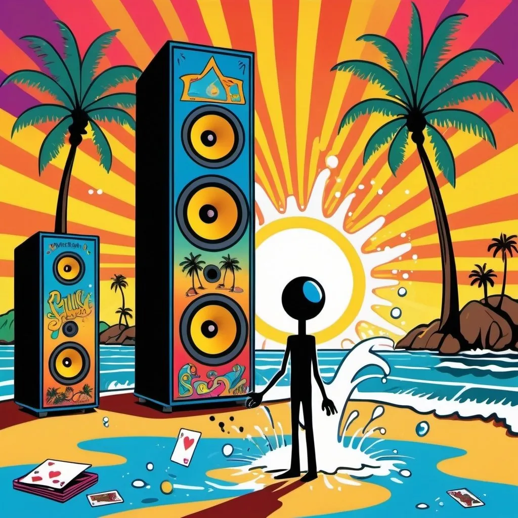 Prompt: psychedelic print, two big speakers and one microphone, beach, a palmtree, a big splash in the water, stickmen are dancing, a magician is playing with cards, the sun is setting, melting, concert poster, trick of the eye painting