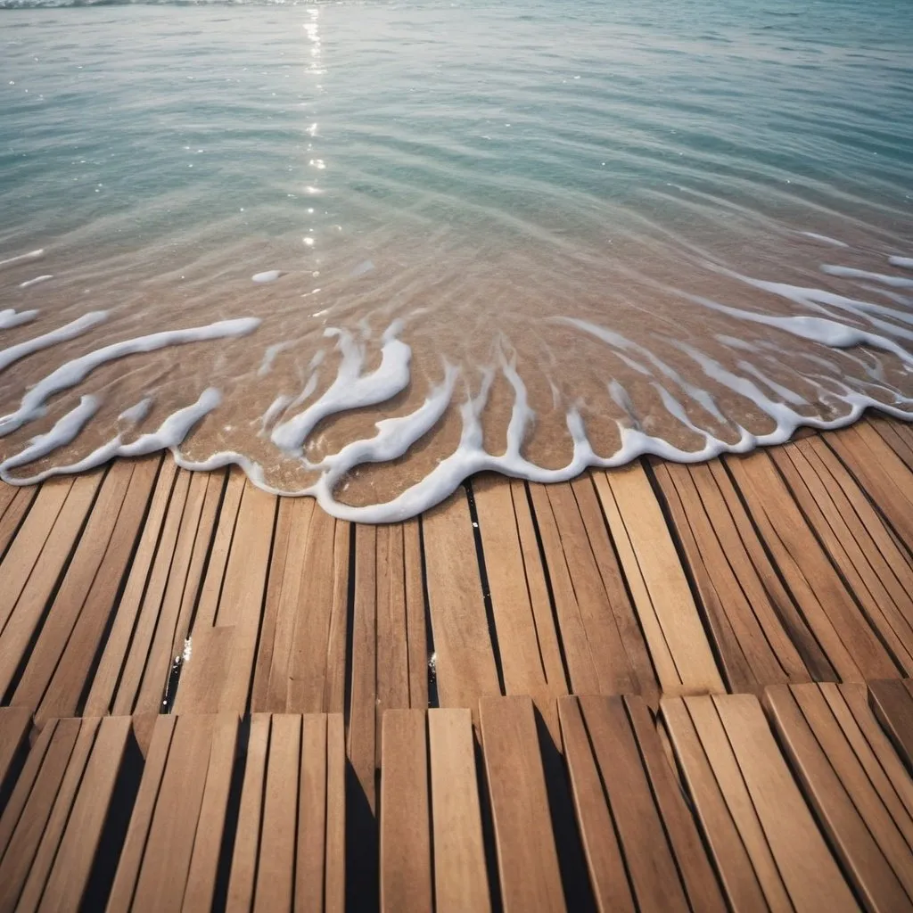 Prompt: Water is dancing to music. The water is moving in a hypnotic pattern forming an image of a set of decks. The background is a tropical beach.