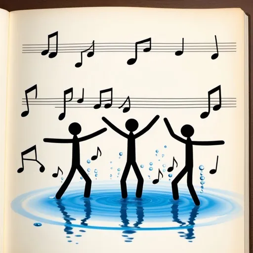 Prompt: music notes are dancing on the page with dancing stickmen, the image looks like it is formed from water.