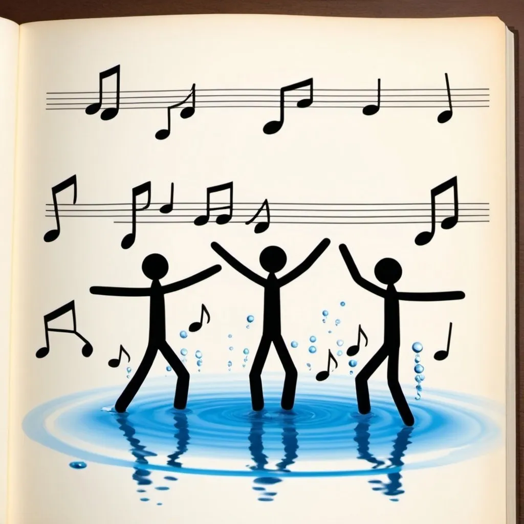 Prompt: music notes are dancing on the page with dancing stickmen, the image looks like it is formed from water.