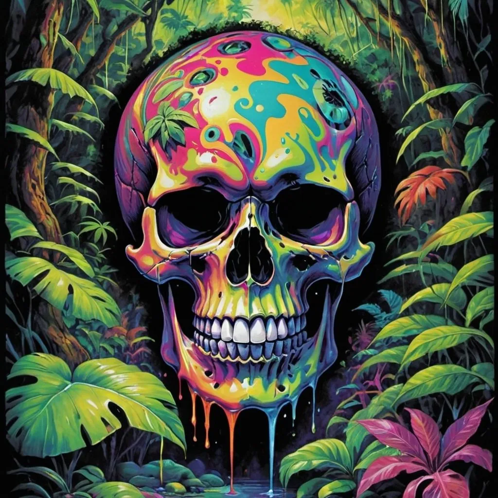 Prompt: psychedelic print skull, jungle, melting, concert poster, trick of the eye painting