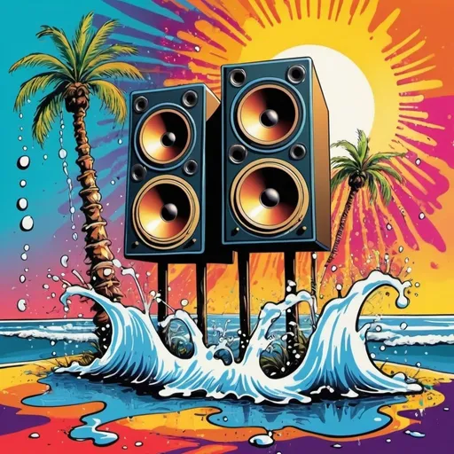 Prompt: psychedelic print, a big speaker, a microphone, beach, a palmtree, a big splash in the water, stickmen are dancing, the sun is setting in psychedelic colors, melting, concert poster, trick of the eye painting