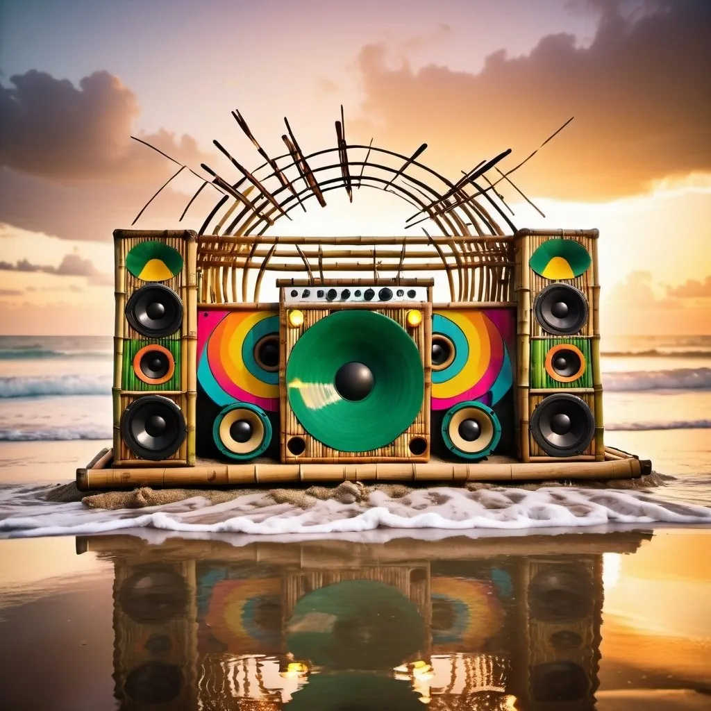 Prompt: A huge soundsystem made of bamboo sits on a beach. A big splash. Musical notes. Sunset. Psychedelic. Tropical. Melting