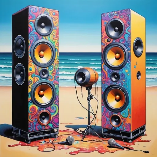 Prompt: psychedelic print, two big speakers and one microphone, beach, magician, melting, concert poster, trick of the eye painting