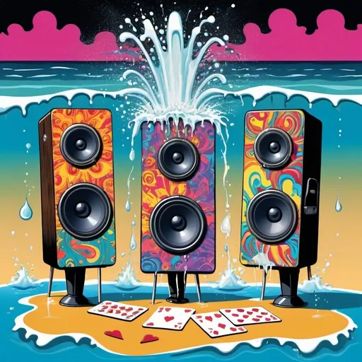 Prompt: psychedelic print, two big speakers and one microphone, beach, a big splash in the water, a magician is playing woth cards, melting, concert poster, trick of the eye painting