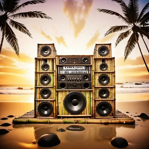 Prompt: A huge soundsystem made of bamboo sits on a beach. A big splash. Musical notes. Sunset. Psychedelic. Tropical. Melting