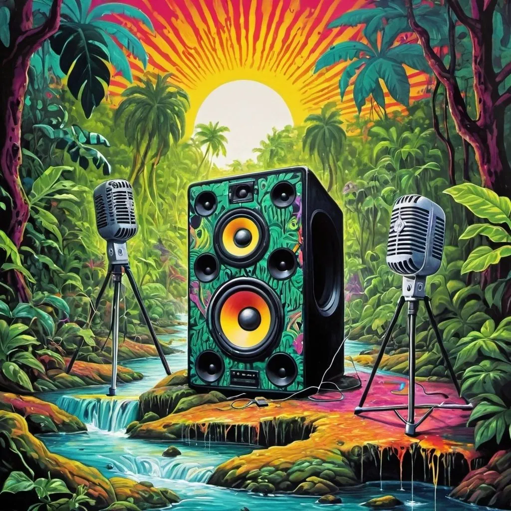 Prompt: psychedelic print, big speakers and a microphone, jungle, river, melting, concert poster, trick of the eye painting