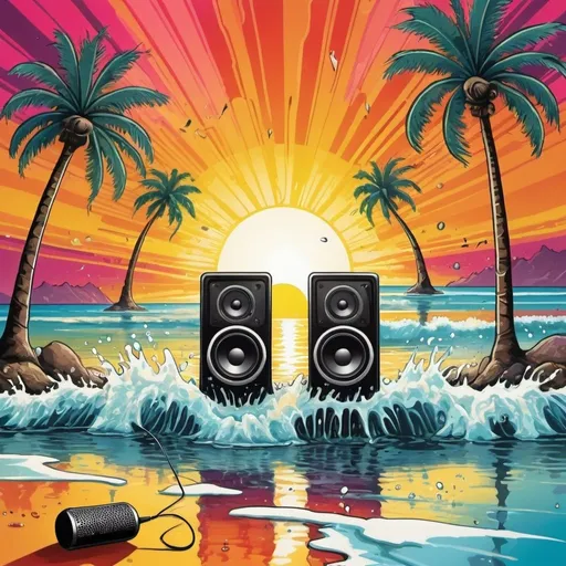 Prompt: psychedelic print, a big speaker, a microphone, beach, a palmtree, a big splash in the water, stickmen are dancing, the sun is setting, melting, concert poster, trick of the eye painting